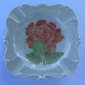 Hand Painted Cottage Peach Rose Peony Flower Vintage Trinket Ring Dish Ash Tray